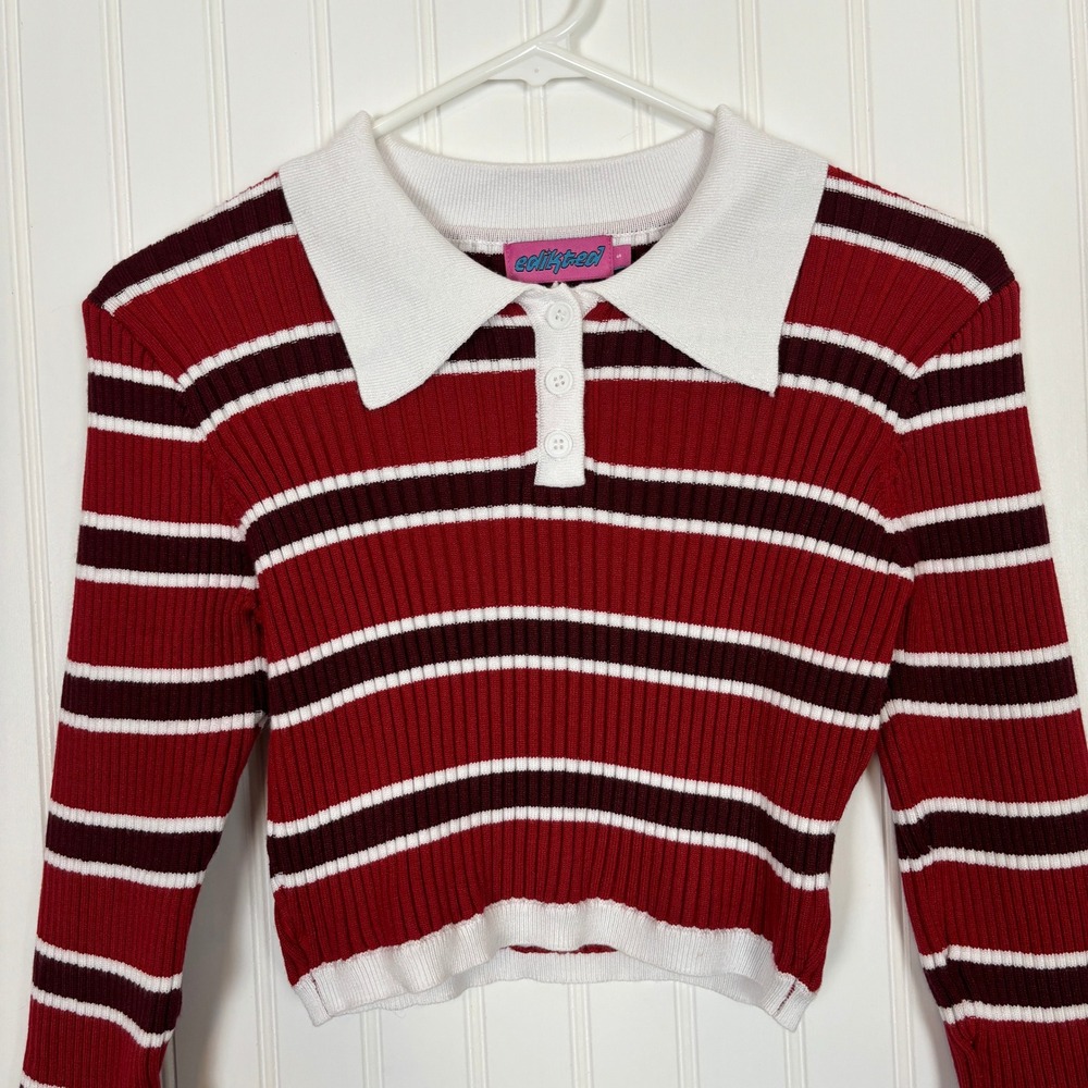 Edikted Striped Crop Top Womens S Red Ribbed Polo Y2K Retro Preppy Academia - Picture 6 of 12